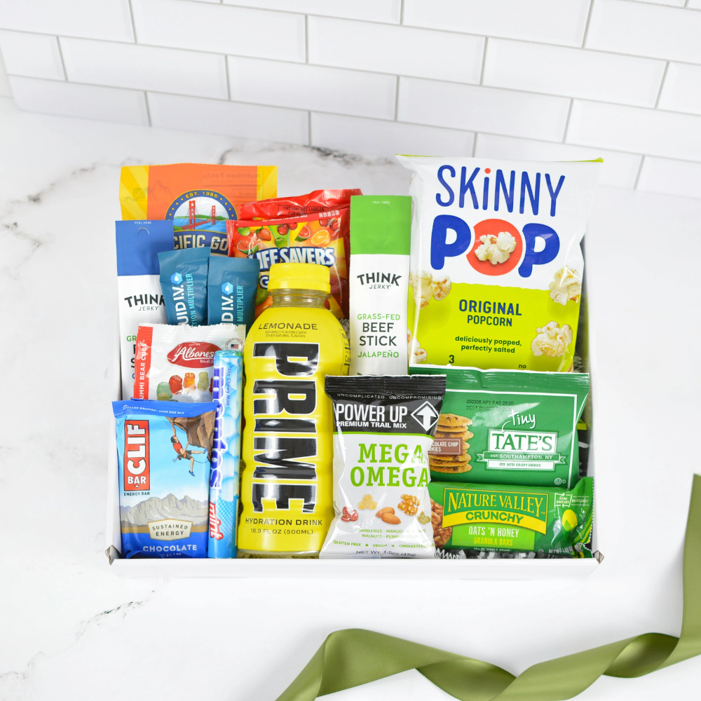 The Breakroom office snack gift box with popcorn, granola bars, cookies, gummies, and protein snacks