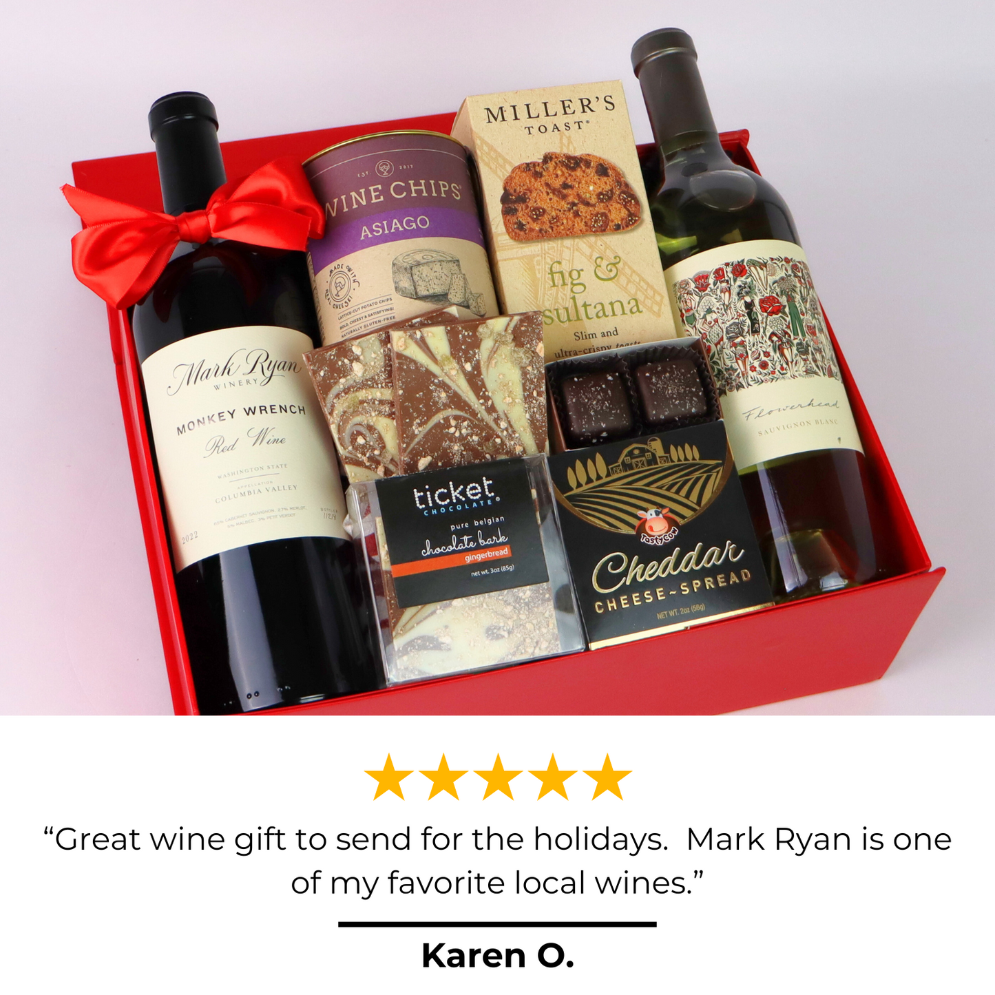 Toast of Washington Wine gift box with 5 star review that says "great wine gift to send for the holidays. Mark Ryan is one of my favorite local wines."