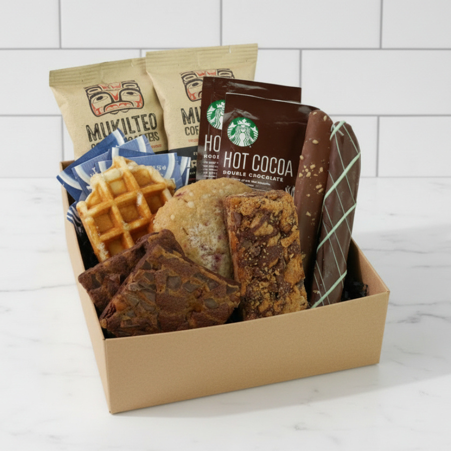 Box of snacks made in washington including waffles, hot cocoa mix, and cookies on a white background