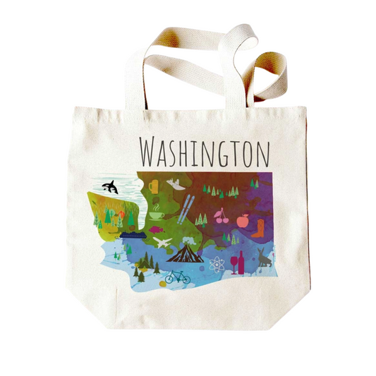 Washington canvas tote bag with Washington state and symbols of the pacific northwest region