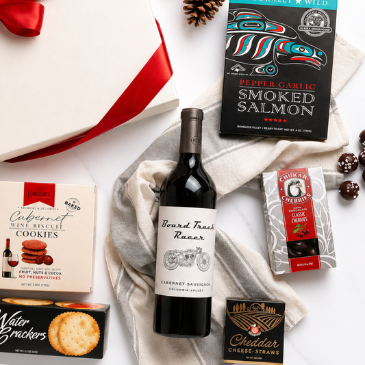Taste of Washington wine and snack gift box featuring snacks made in the Pacific Northwest. Mark ryan wine, cheese, crackers, chocolate cherries and smoked salmon.