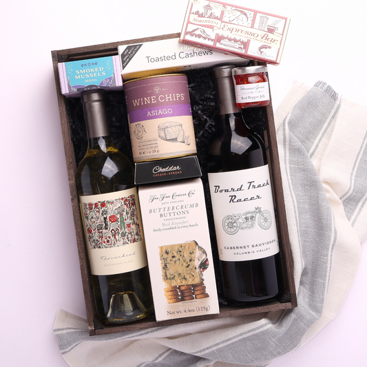 made in Washington wine and snack tray in a wooden tray the high end gift includes pinot gris, cabernet sauvignon, crackers, cheese, smoked muscles, wine chips,  and other snacks