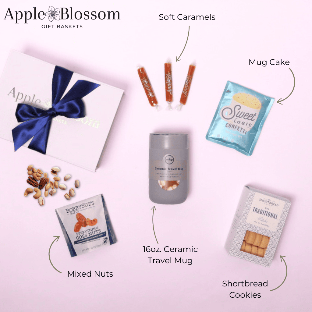Flat lay of premium gift box contents, showcasing artisanal snacks, a ceramic mug, and gourmet treats, perfect for conference gifts and employee onboarding.