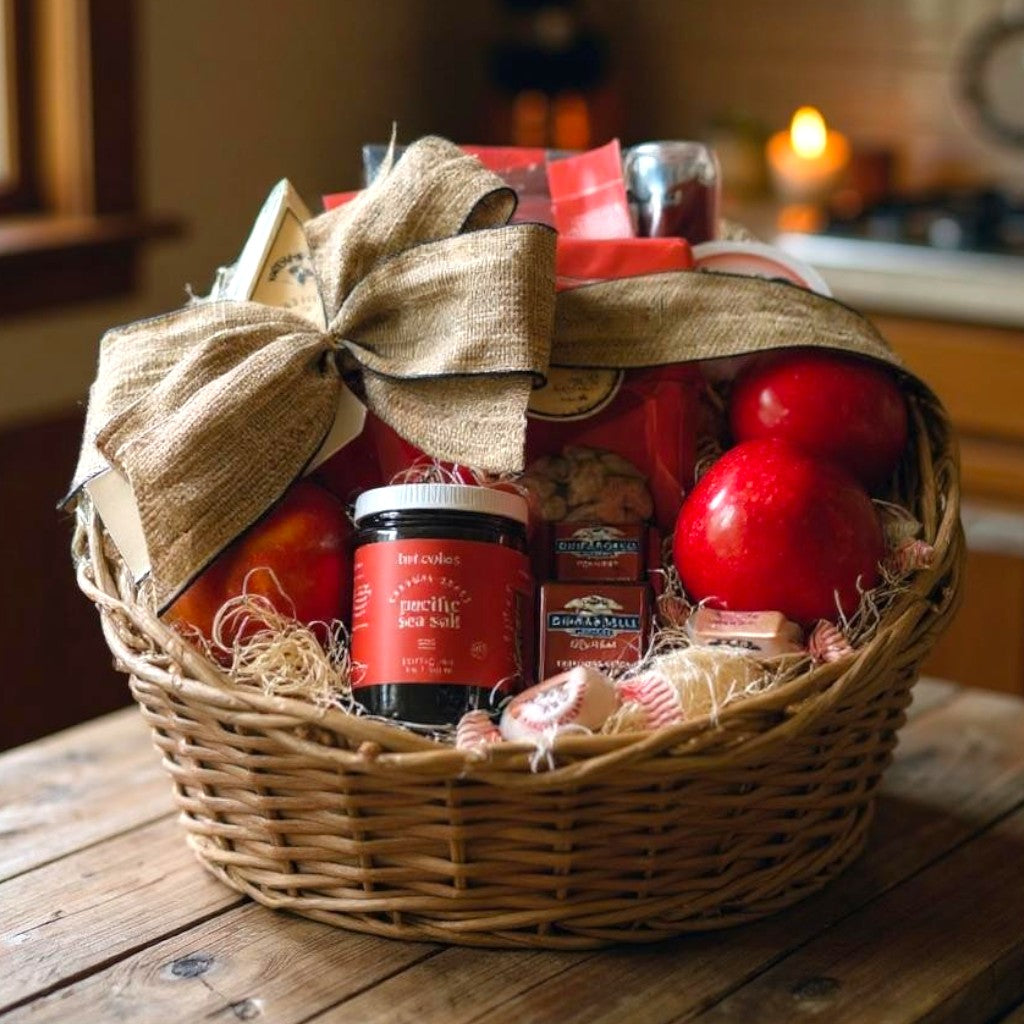 Fruit Gift basket with a variety of items including apples and a jar, on a wooden surface. Employee onboarding welcome gift basket.