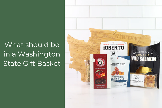 Washington state gift basket with local gourmet food, Seattle coffee, smoked salmon, chocolate, and artisan snacks