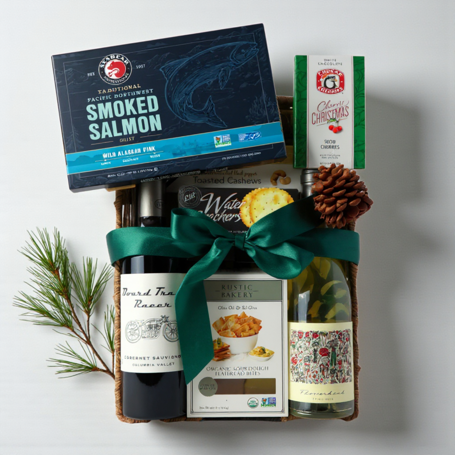 Washington State gift basket featuring smoked salmon, local wine, and artisan snacks, beautifully wrapped with greenery