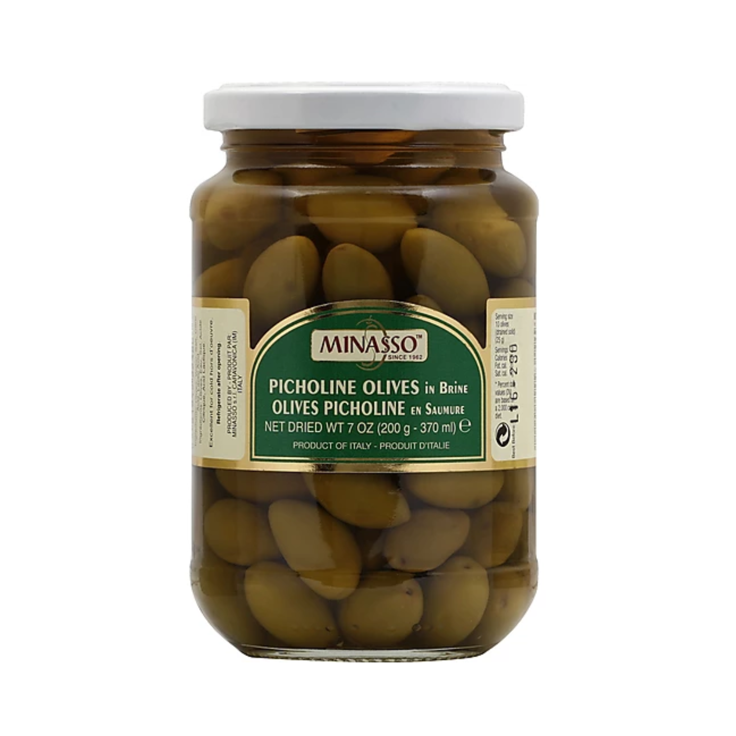 Minasso Picholine green olives in brine, 7 oz jar. Imported from Italy with crisp, briny flavor. Great for wine gift baskets, charcuterie boards, or Mediterranean-inspired gourmet gifts.