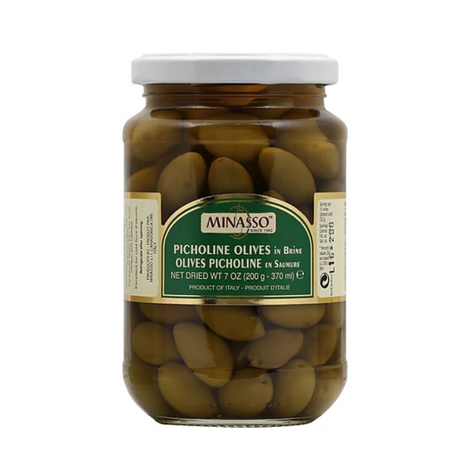 Minasso Picholine green olives in brine, 7 oz jar. Imported from Italy with crisp, briny flavor. Great for wine gift baskets, charcuterie boards, or Mediterranean-inspired gourmet gifts.