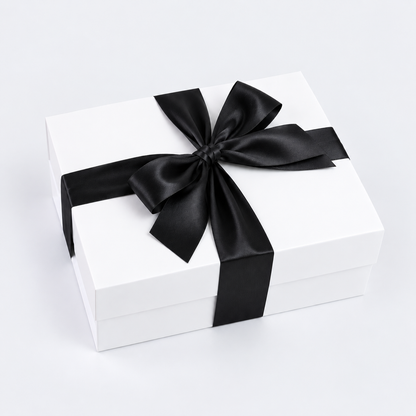 small white gift box with black satin ribbon