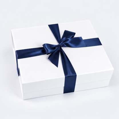 white soft touch gift box with navy blue satin bow