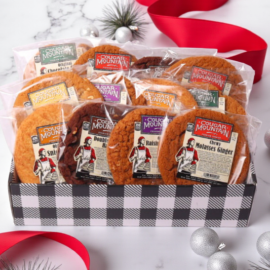 Holiday cookie snack box collection of soft baked cougar mountain cookies made in WA