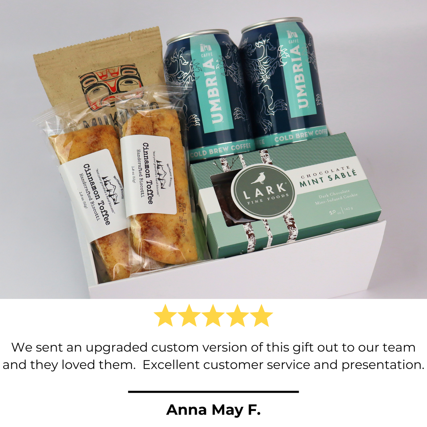 holiday cold brew gift box featuring Seattle made coffee and Pacific Northwest biscotti.  The perfect team gift