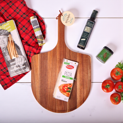 pizza night family gift set with pizza peel, olive oil, crackers, pizza dough, seasoning and salami