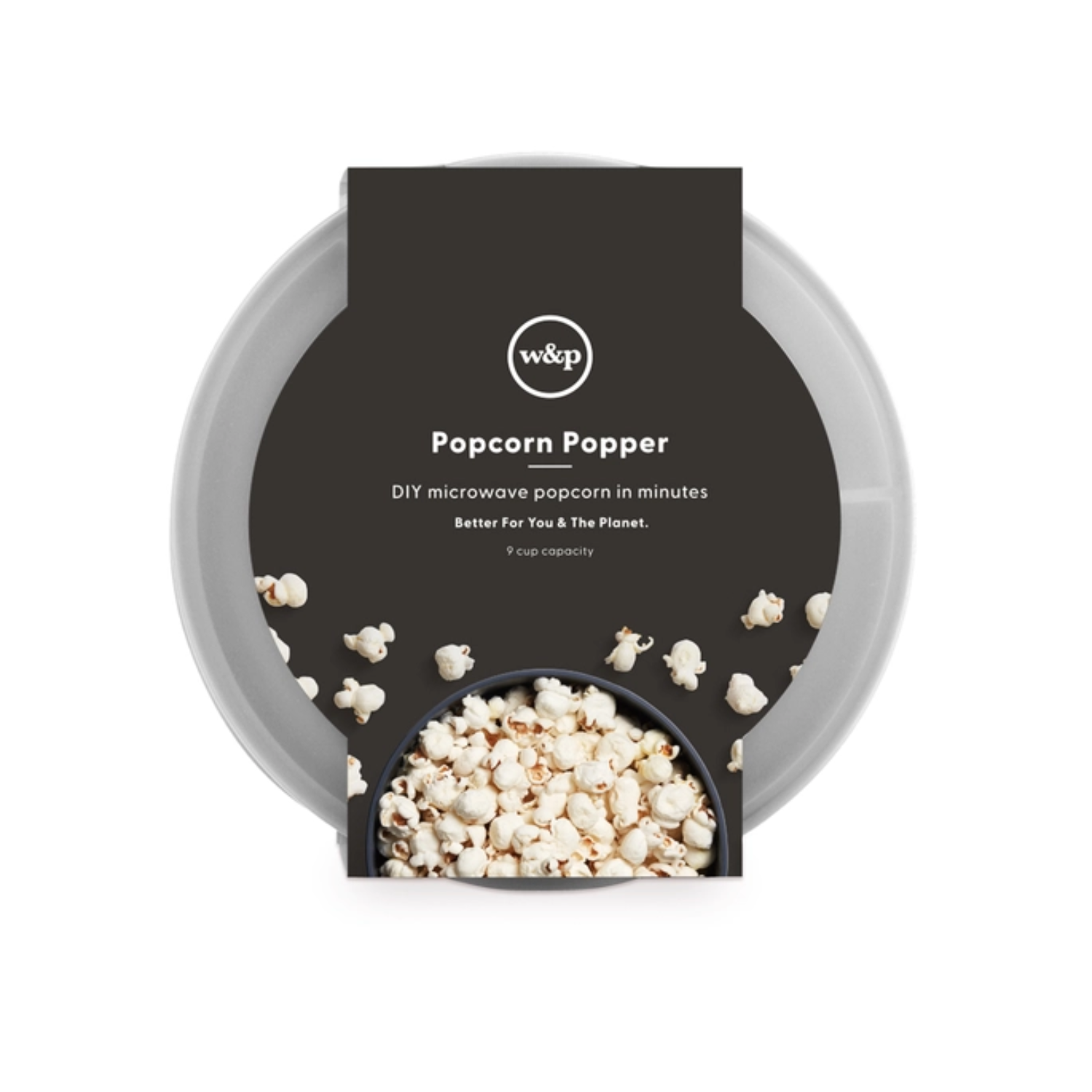 Reusable silicone microwave popcorn popper, standard 9 cup size. Lid doubles as measuring cup. Collapsible, dishwasher + microwave safe. Great for movie night gift baskets or snack gift sets.