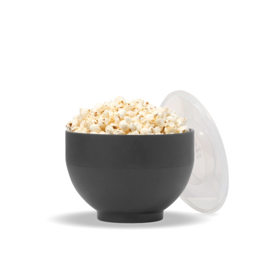 Reusable silicone microwave popcorn popper, standard 9 cup size. Lid doubles as measuring cup. Collapsible, dishwasher + microwave safe. Great for movie night gift baskets or snack gift sets.