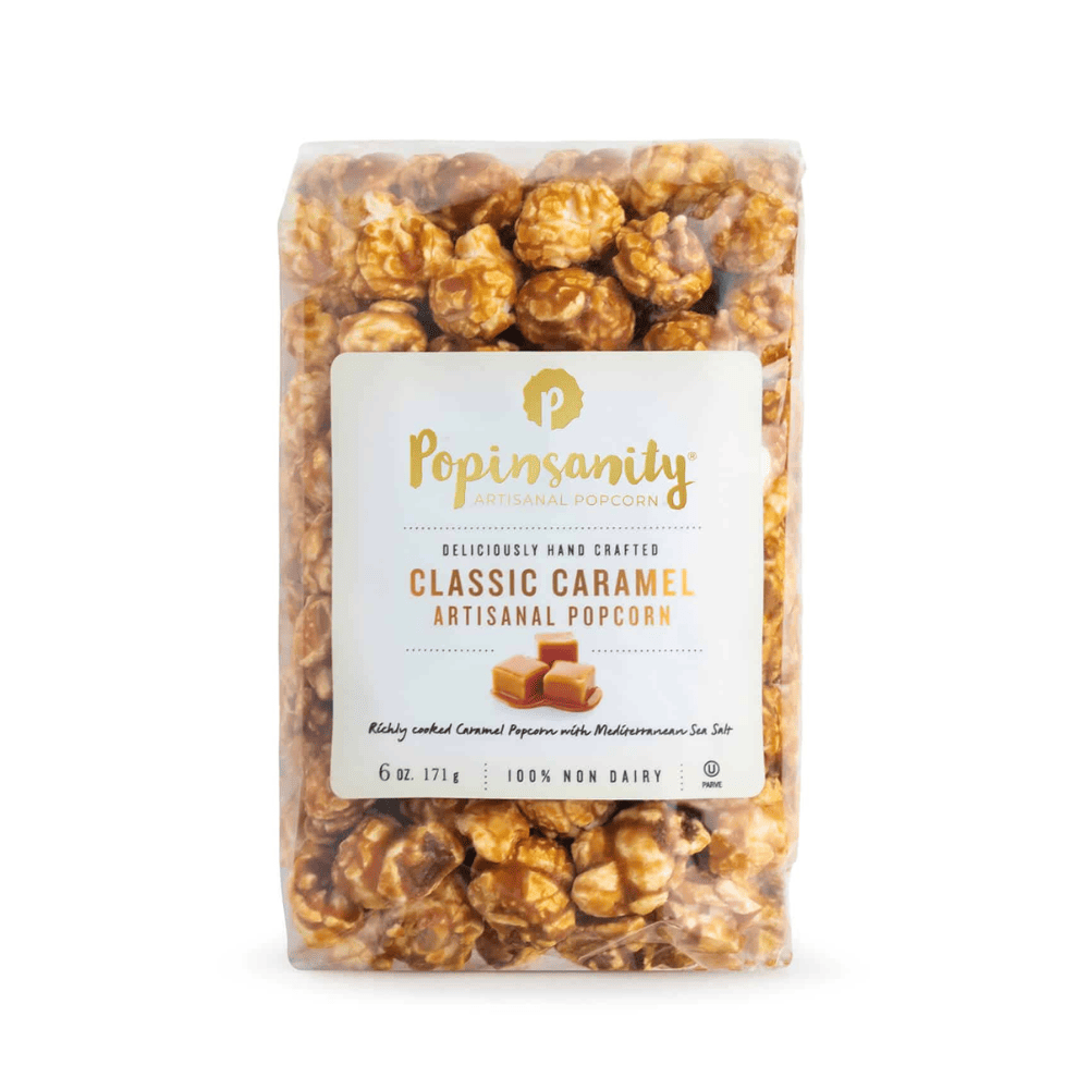 Caramel popcorn coated in rich, deep caramel with Mediterranean sea salt, handcrafted in small batches for a gourmet, dairy-free, and Kosher treat.  Classic Caramel comes in a 6oz. bag.