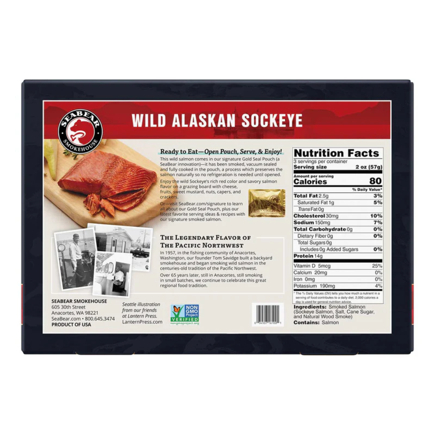 Packaging back of SeaBear Wild Sockeye Smoked Salmon highlighting Seattle gift box details, ingredients, and Pacific Northwest heritage.