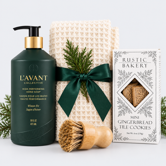 home essentals gift set with lavant winter fir hand soap, kitchen towel, cookies and dish scrubber