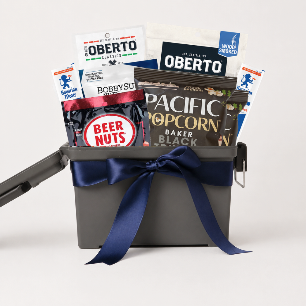 Savory snack gift basket with jerky, black truffle popcorn and nuts in reusable gray keepsake box