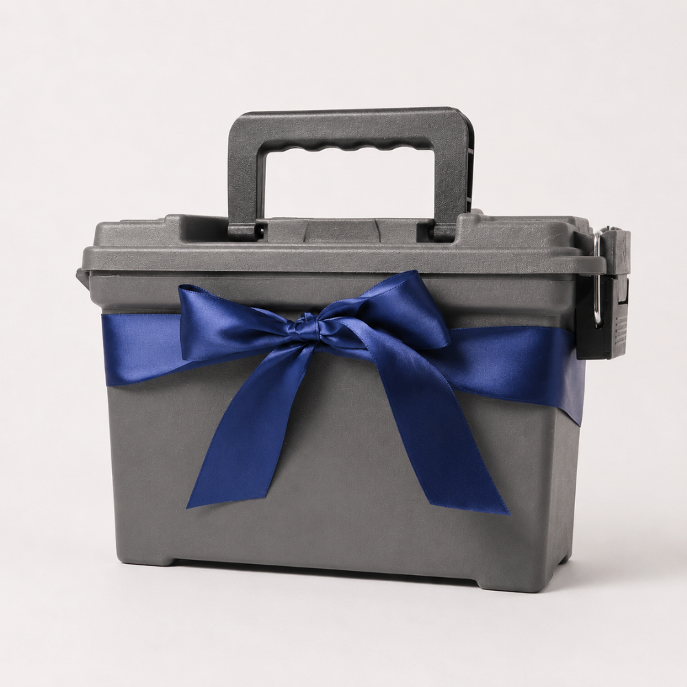 Reusable gray keepsake gift box with navy satin bow for corporate and special occasion gifting