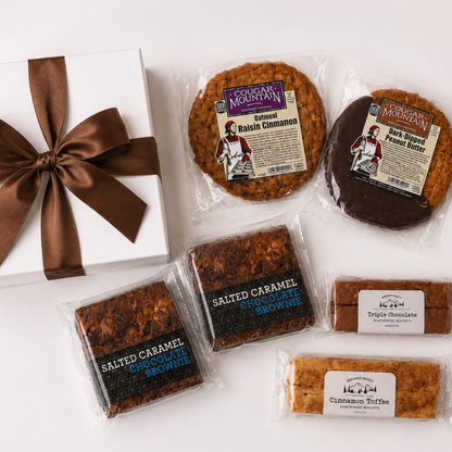 cougar mountain soft baked cookies, northwest biscotti and seattles favorite salted chocolate brownies with a white gift box and brown bow