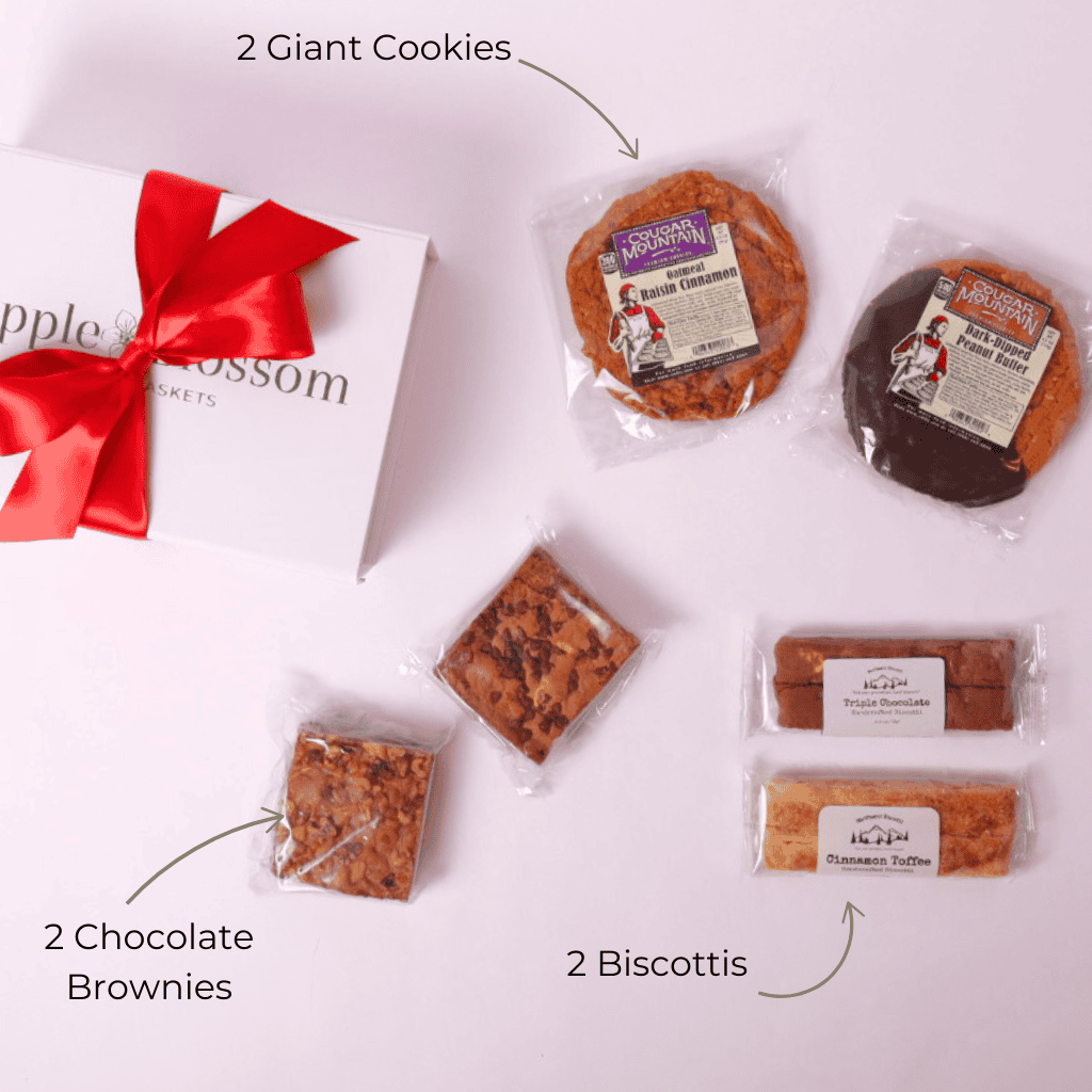 A top-down view of the Pacific Northwest Bakery Box, showcasing artisan brownies, handcrafted biscotti, and gourmet cookies—an ideal dessert gift box or housewarming gift.