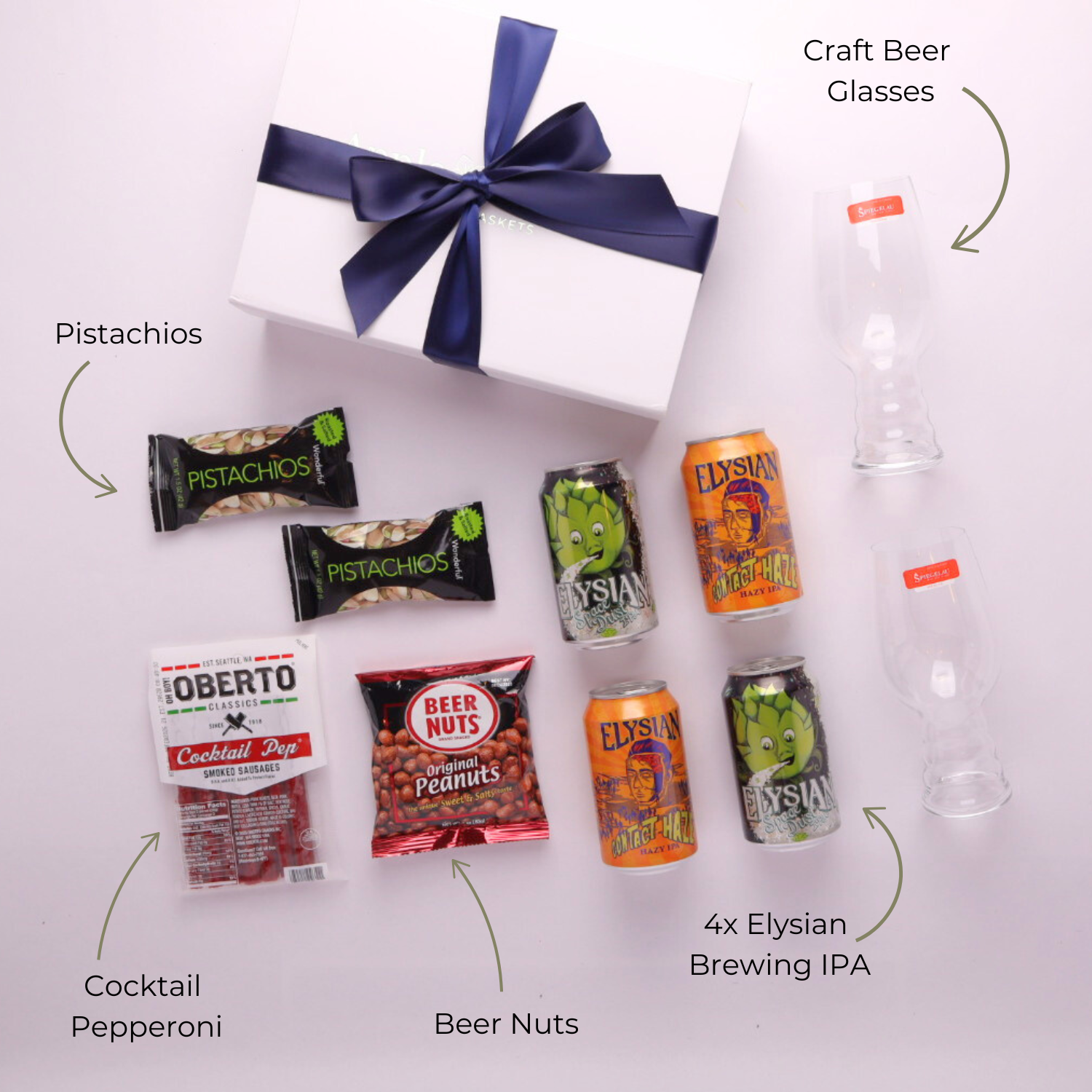 Flat lay of IPA Sampler gift basket with Elysian beer, pistachios, beer nuts, pepperoni, and Spiegelau glasses.