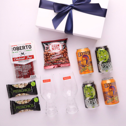 IPA Sampler beer gift set with local Seattle products and snacks, beautifully presented in white gift box.