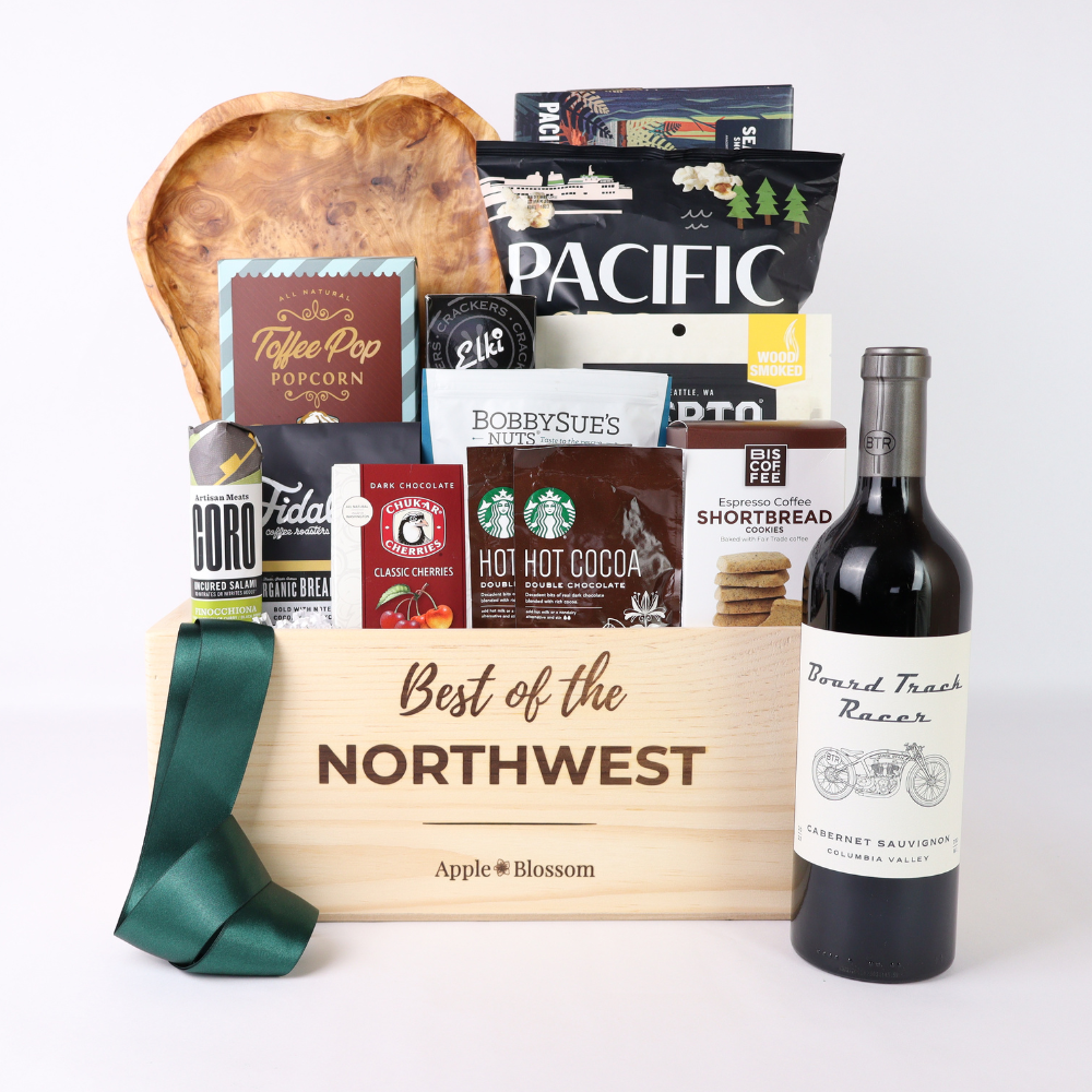 best of the pacific northwest wine and snack gift basket featuring products made in washington.