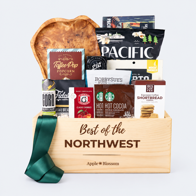 best of the northwest gift basket with seattle snacks, smoked salmon, pacific popcorn, coro salami, chukar cherries and hand carved serving tray