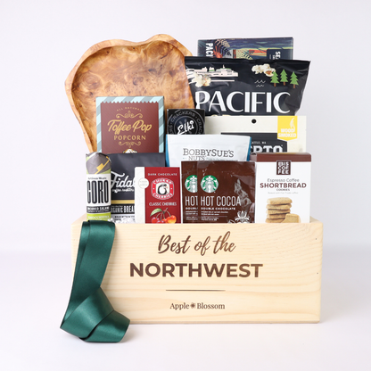best of the northwest gift basket with seattle snacks, smoked salmon, pacific popcorn, coro salami, chukar cherries and hand carved serving tray