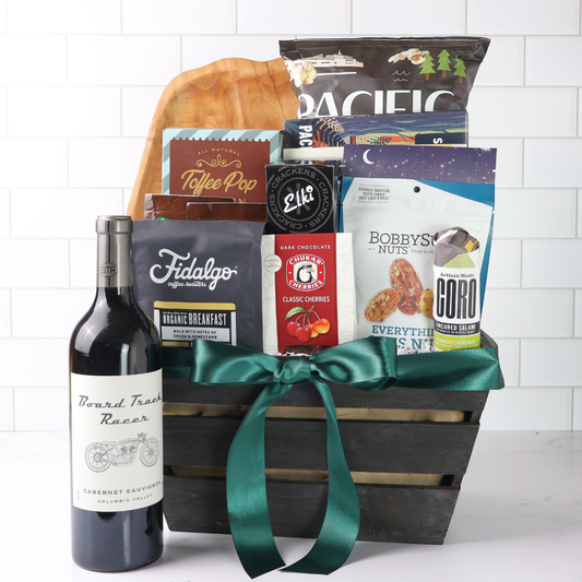 best of the pacific northwest wine and snack gift basket featuring products made in washington.