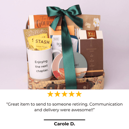 5 star review on the travel retirement gift basket for men and women.  The travel themed gift box is packed in a mini decorative suitcase filled with travel snacks and a retirement mug, journal and coasters. Perfect retirement gifts for coworkers.