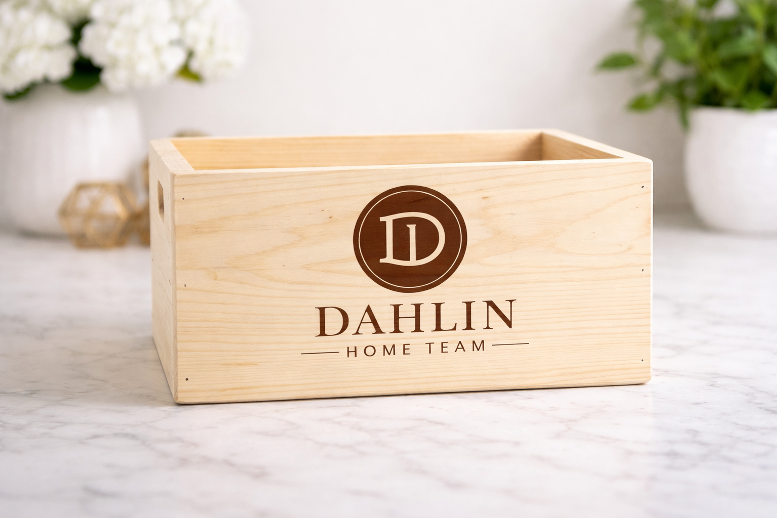 custom branded wood crate for seattle gift baskets for real estate