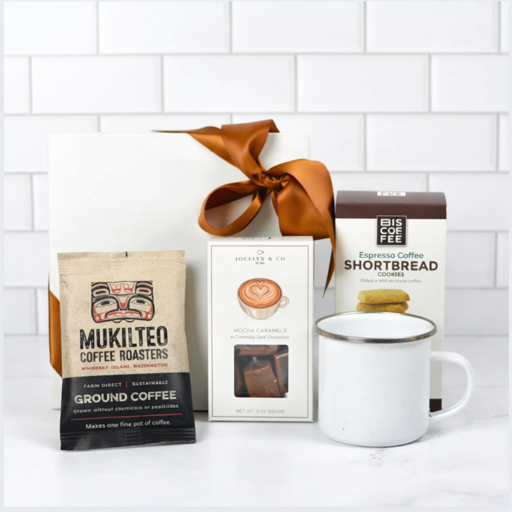 Premium coffee gift set with Mukilteo Coffee Roasters, espresso cookies, caramels, and ceramic mug