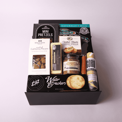 Seattle-made charcuterie gift box with uncured salami, smoked salmon, and savory treats. An ideal corporate gift, holiday gift, or snack basket for client appreciation, family gatherings, or special occasions.