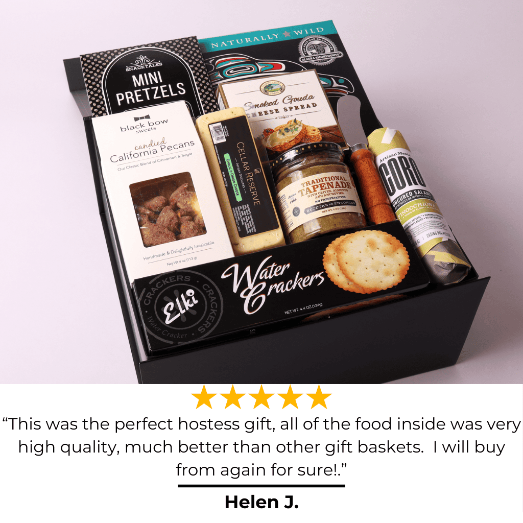 5 star review for our Luxury hostess charcuterie gift box, filled with savory treats like uncured salami, cheese, crackers, and tapenade. Ideal gourmet gift set for corporate gifts, holiday gift baskets, or client appreciation.  All assembled in a black soft close signature gift box
