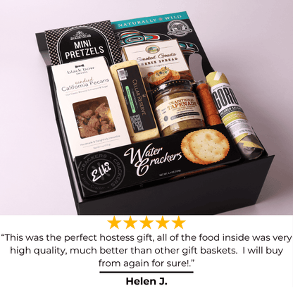 5 star review for our Luxury hostess charcuterie gift box, filled with savory treats like uncured salami, cheese, crackers, and tapenade. Ideal gourmet gift set for corporate gifts, holiday gift baskets, or client appreciation.  All assembled in a black soft close signature gift box