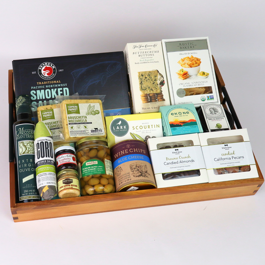 Holiday wooden tray gift set featuring Washington smoked salmon, artisan crackers, sweets, and savory snacks – gourmet Christmas gift basket.