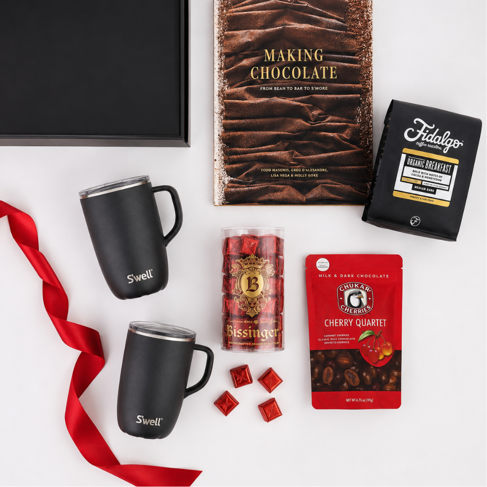 Premium coffee and chocolate gift set with S’well mugs, Fidalgo coffee, Bissinger’s chocolates, Chukar Cherries and Making Chocolate book.