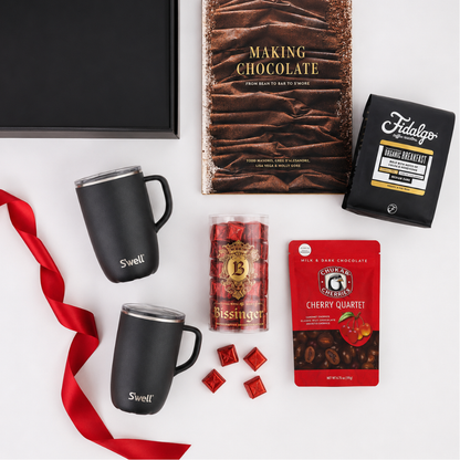 Premium coffee and chocolate gift set with S’well mugs, Fidalgo coffee, Bissinger’s chocolates, Chukar Cherries and Making Chocolate book.