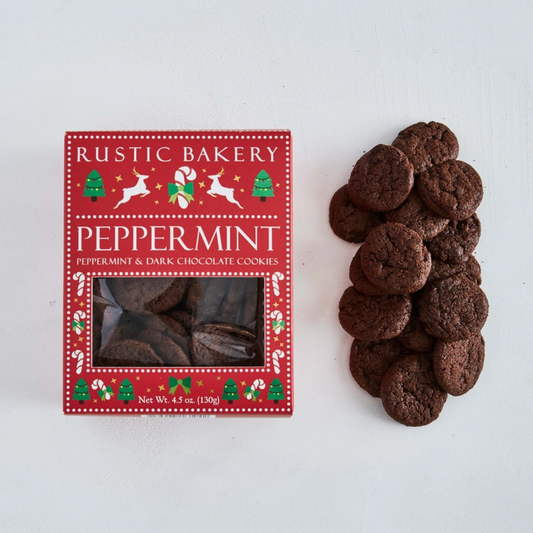 Rustic Bakery peppermint and dark chocolate cookies with packaging on a white background