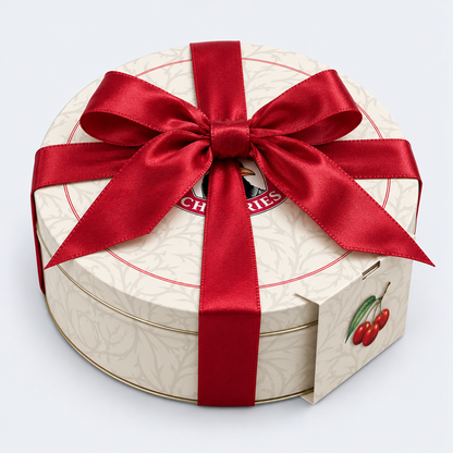 A round cream-colored gift box with a red satin ribbon bow and a cherry illustration on the side, photographed on a clean white background.