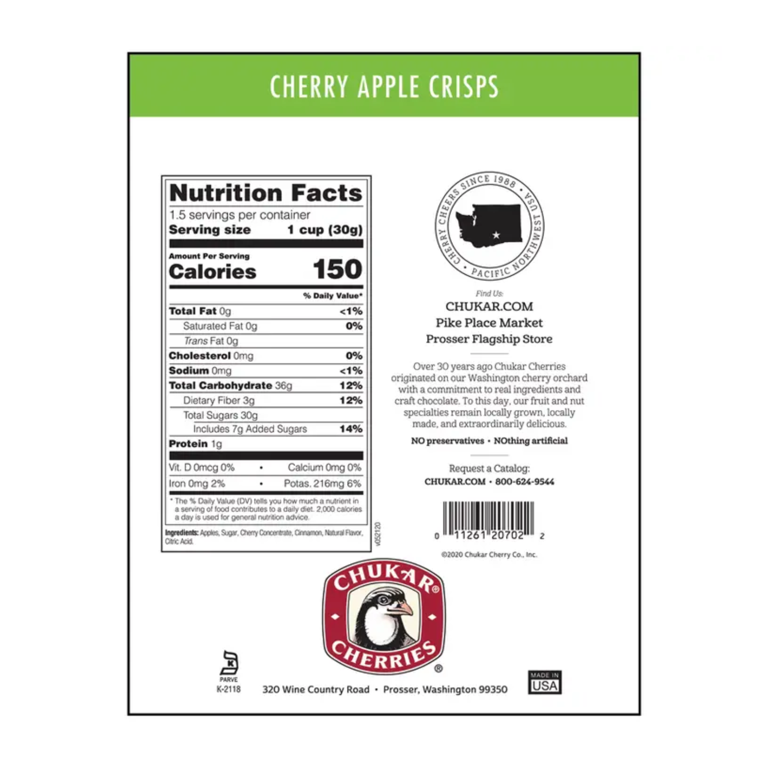Nutrition label for Cherry Apple Crisps with Chukar Cherries branding.