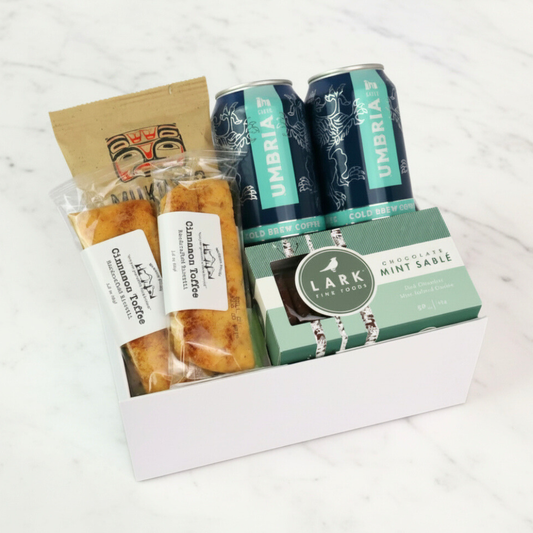 coffee cold brew gift box featuring Seattle made coffee and Pacific Northwest biscotti.  The perfect team gift