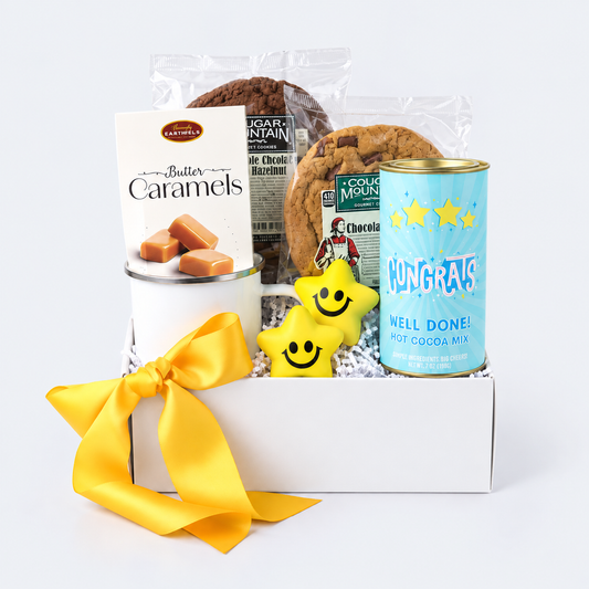 congrats gift box with congratulations cocoa mix tin, cookies, stars, mug and caramels