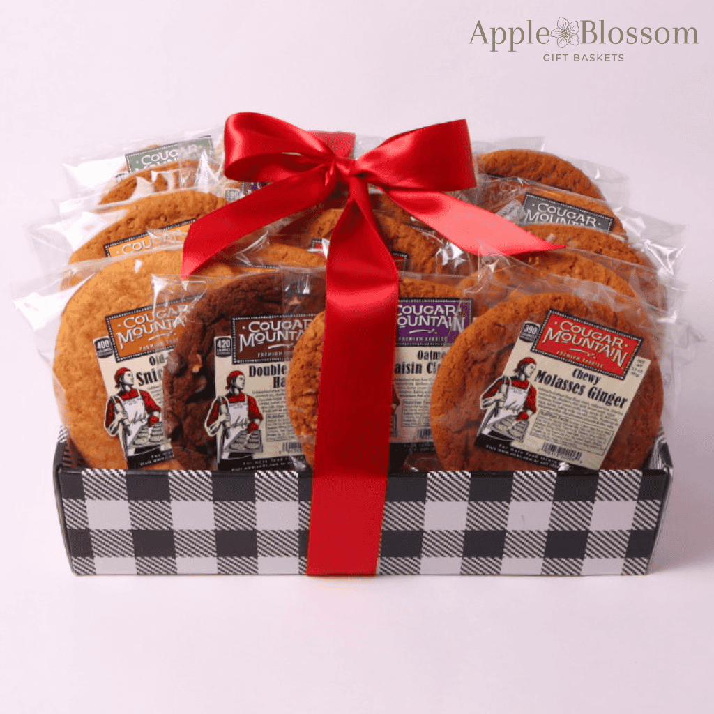 A delicious gift box of Cougar Mountain Cookies made in WA, perfect for a family or office to share. Includes flavors like Chocolate Chunk and Oatmeal Raisin. Ideal corporate gift, real estate closing gift, or team celebration. Delivery available