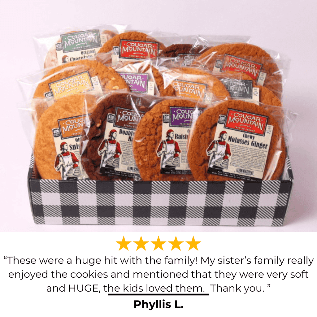 Glowing 5 star review of the Cougar Mountain Cookies made in WA, perfect for a family or office to share. Includes flavors like Chocolate Chunk and Oatmeal Raisin. Ideal corporate gift, real estate closing gift, or team celebration. Delivery available