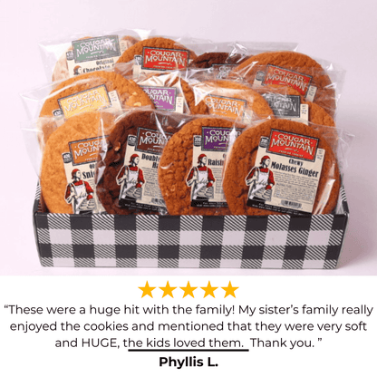 Glowing 5 star review of the Cougar Mountain Cookies made in WA, perfect for a family or office to share. Includes flavors like Chocolate Chunk and Oatmeal Raisin. Ideal corporate gift, real estate closing gift, or team celebration. Delivery available