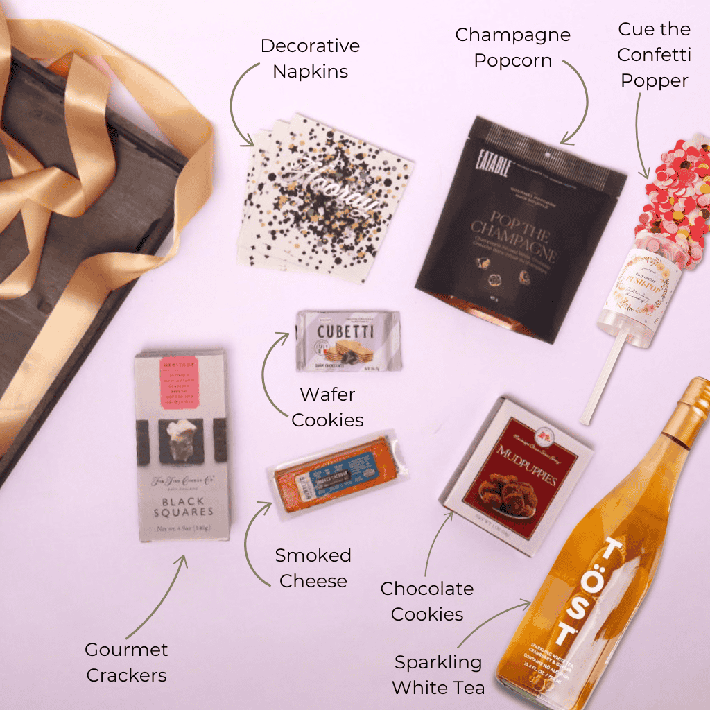cue the confetti gift basket made in Washington comes with snacks and champagne in a reusable wooden tray.   Made by Apple Blossom Gift Baskets.